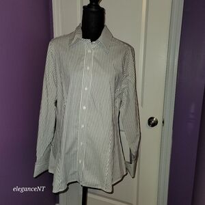 Lane Bryant Gray/White Stripe Hidden Button Long Sleeve Shirt Sz: 14 NWT